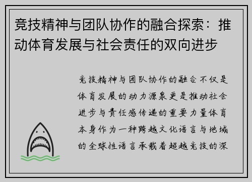 竞技精神与团队协作的融合探索：推动体育发展与社会责任的双向进步