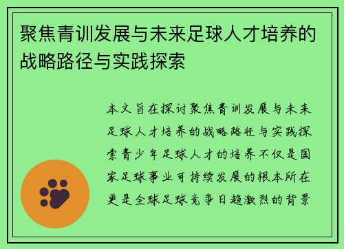 聚焦青训发展与未来足球人才培养的战略路径与实践探索